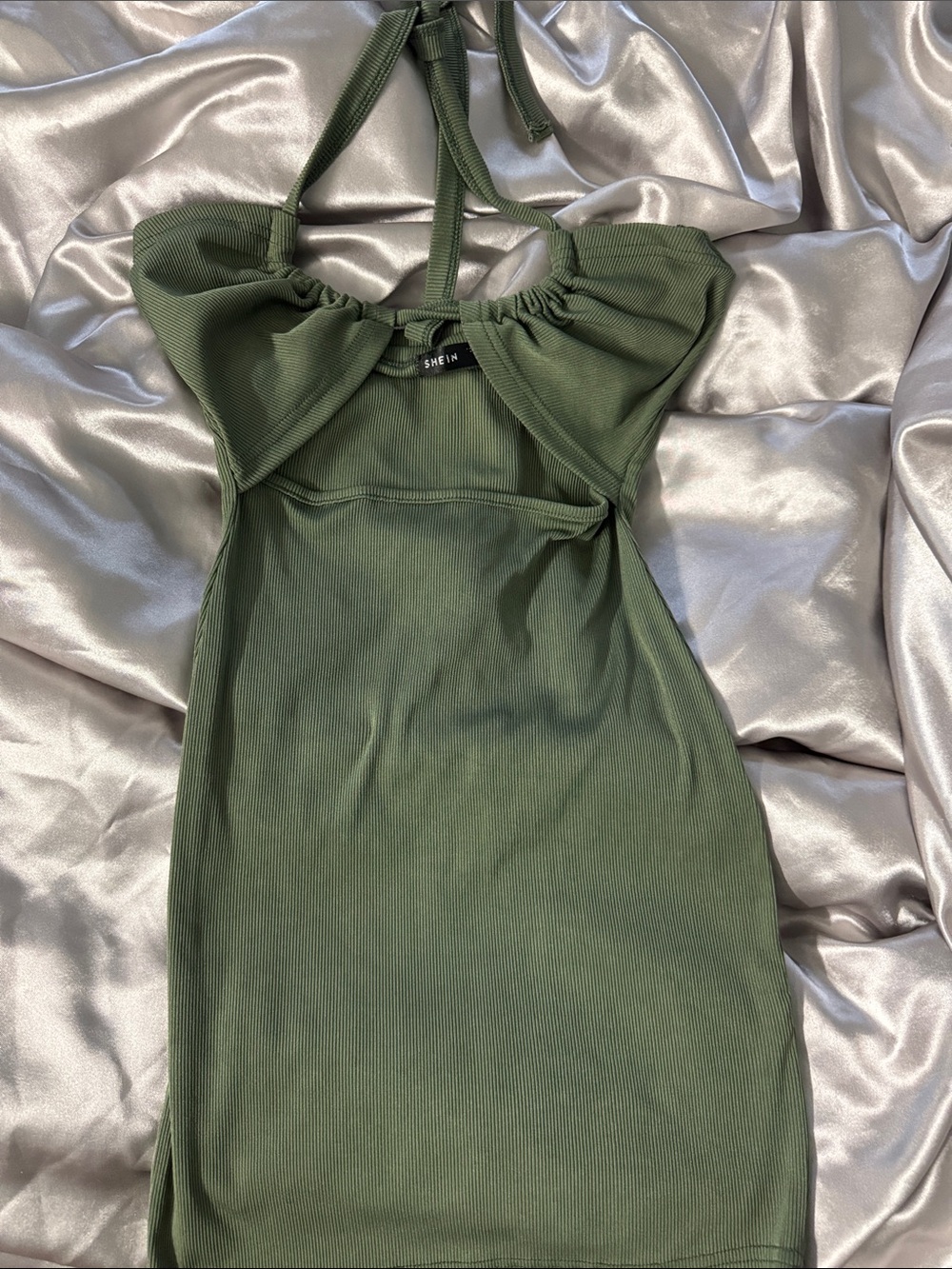 SHEIN Olive Ribbed Halter Cutout Mini Dress